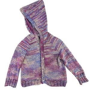 Kids Hand Knit Rainbow Striped Hooded Cardigan Sweater No Size